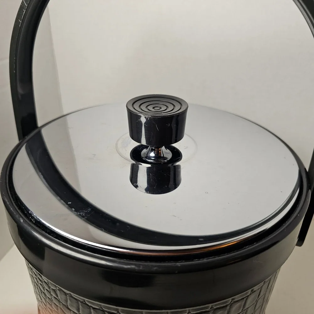 MCM Ice Bucket Black Faux‎ Crocodile Chrome Lid Mid Century Modern Barware Japan